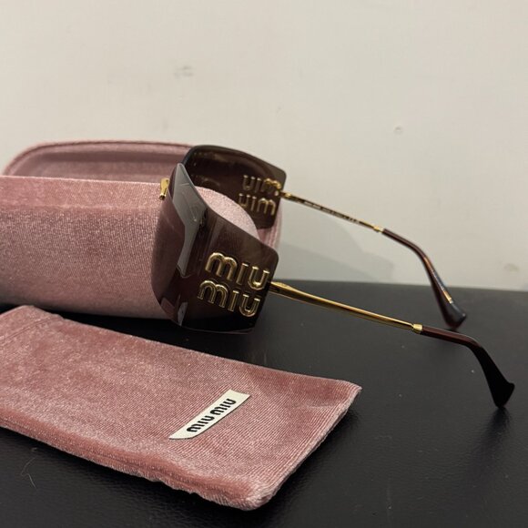 Miu Miu Oversized Brown Shield Sunglasses Gold Detail main image 9